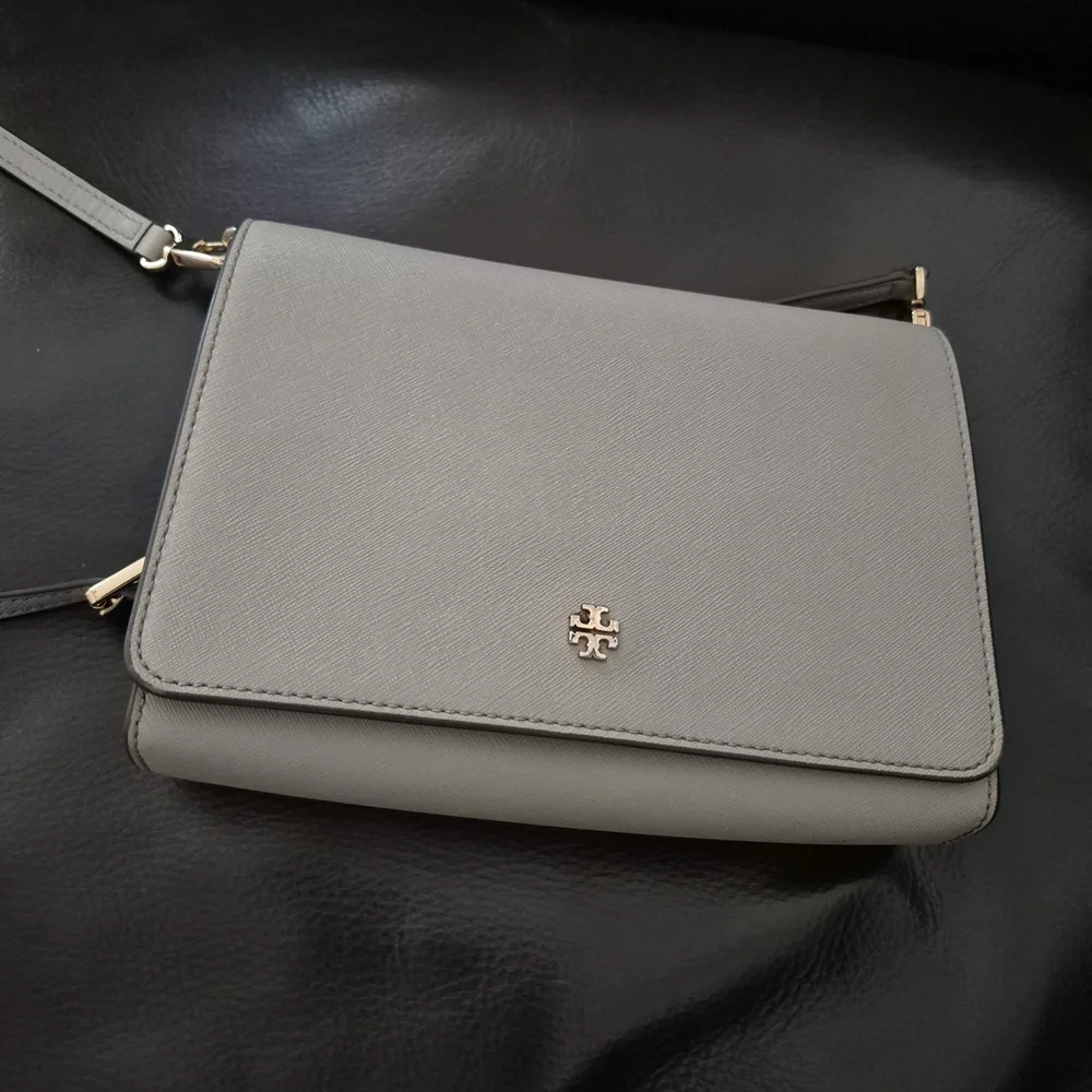 Tory Burch Light Gray Saffiano Crossbody with Gold Logo